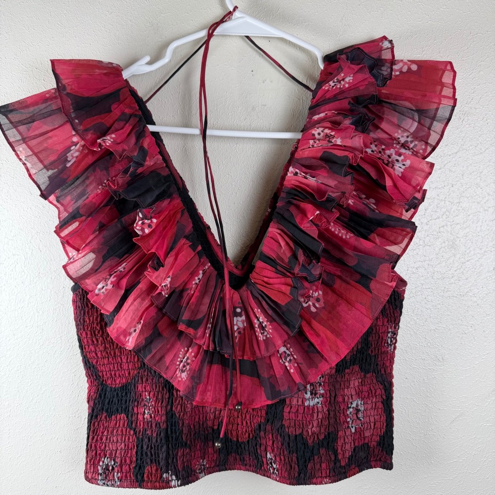 Ollari New York Red Floral Ruffle V-Neck Smocked Crop Top Womens Medium Boho